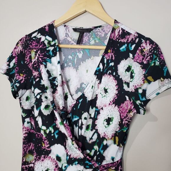 BCBG MaxAzria Small Short Sleeve Pink Floral Print Faux Wrap V-neck Dress - Picture 2 of 12